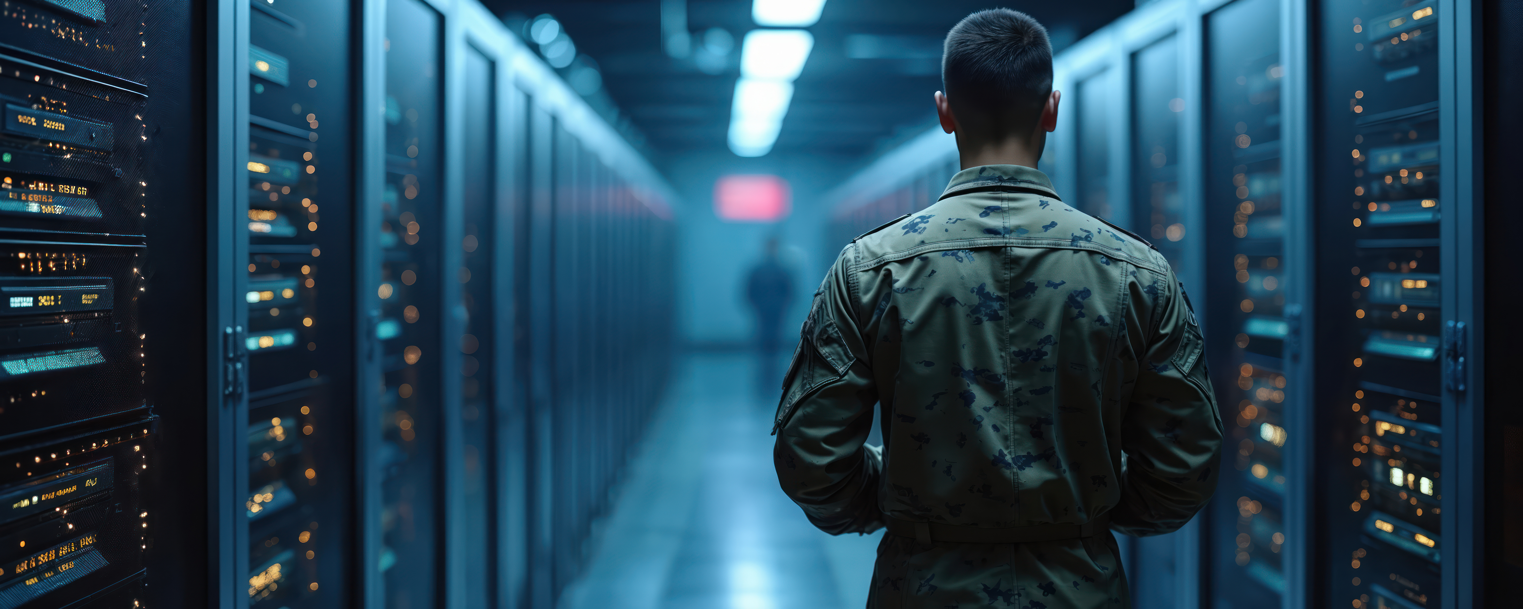 Człowiek w mundurze odwrócony plecami w serwerowni.