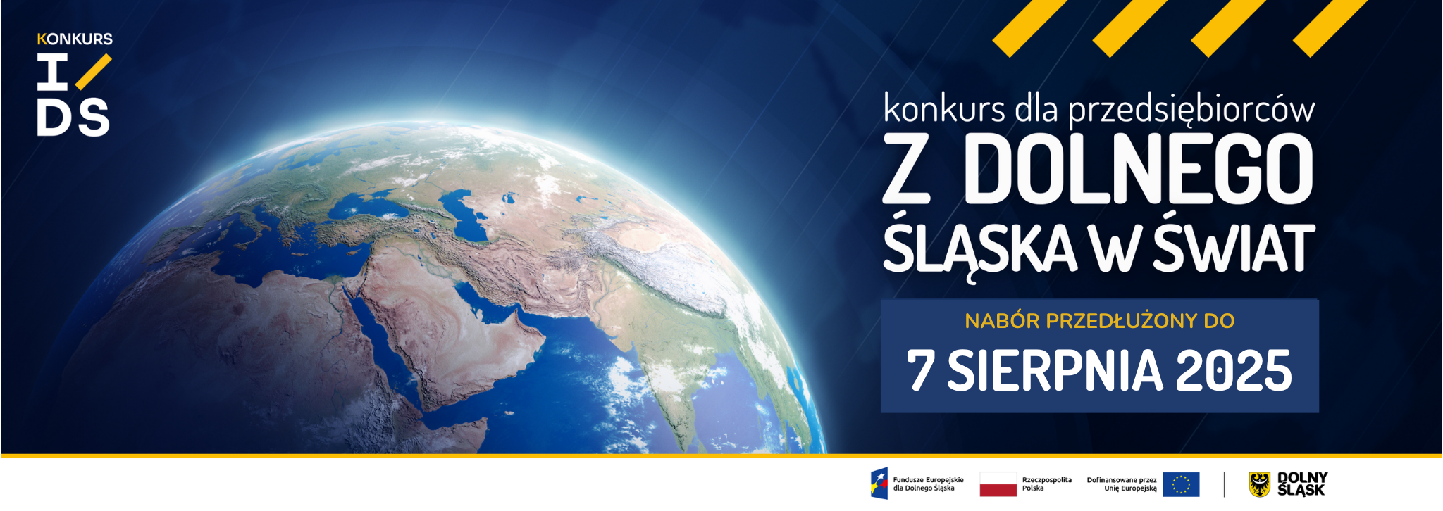 Napis "Konkurs dla przedsiębiorców, z Dolnego Śląska w świat, nabór przedłużony do 7 sierpnia